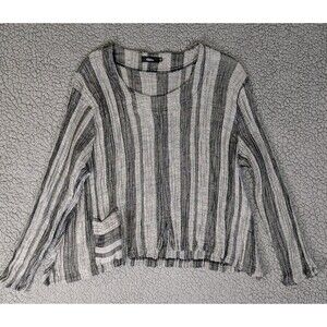 Ralston Top Women's Plisse Blouse M Linen Blend Long Sleeve Gray Black Striped